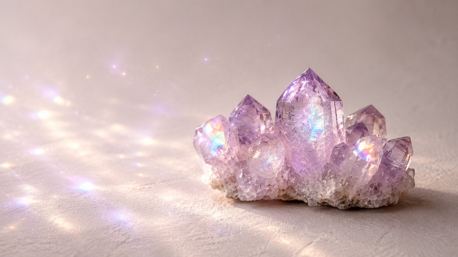 Crystals for grief — amethyst cluster glowing in soft light
