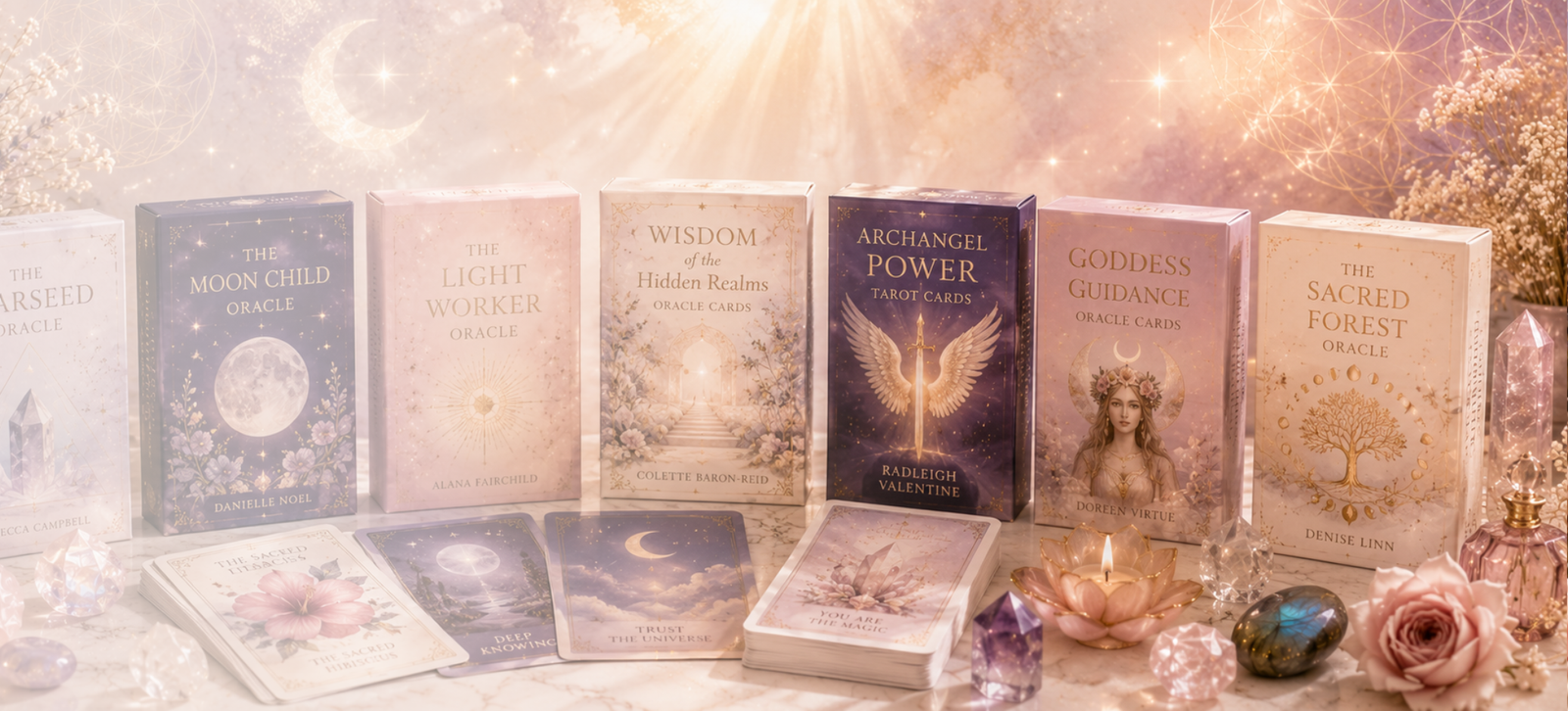 Oracle decks — luminous card decks arranged on soft linen