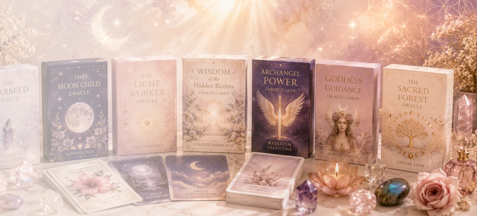 Oracle decks — luminous card decks arranged on soft linen