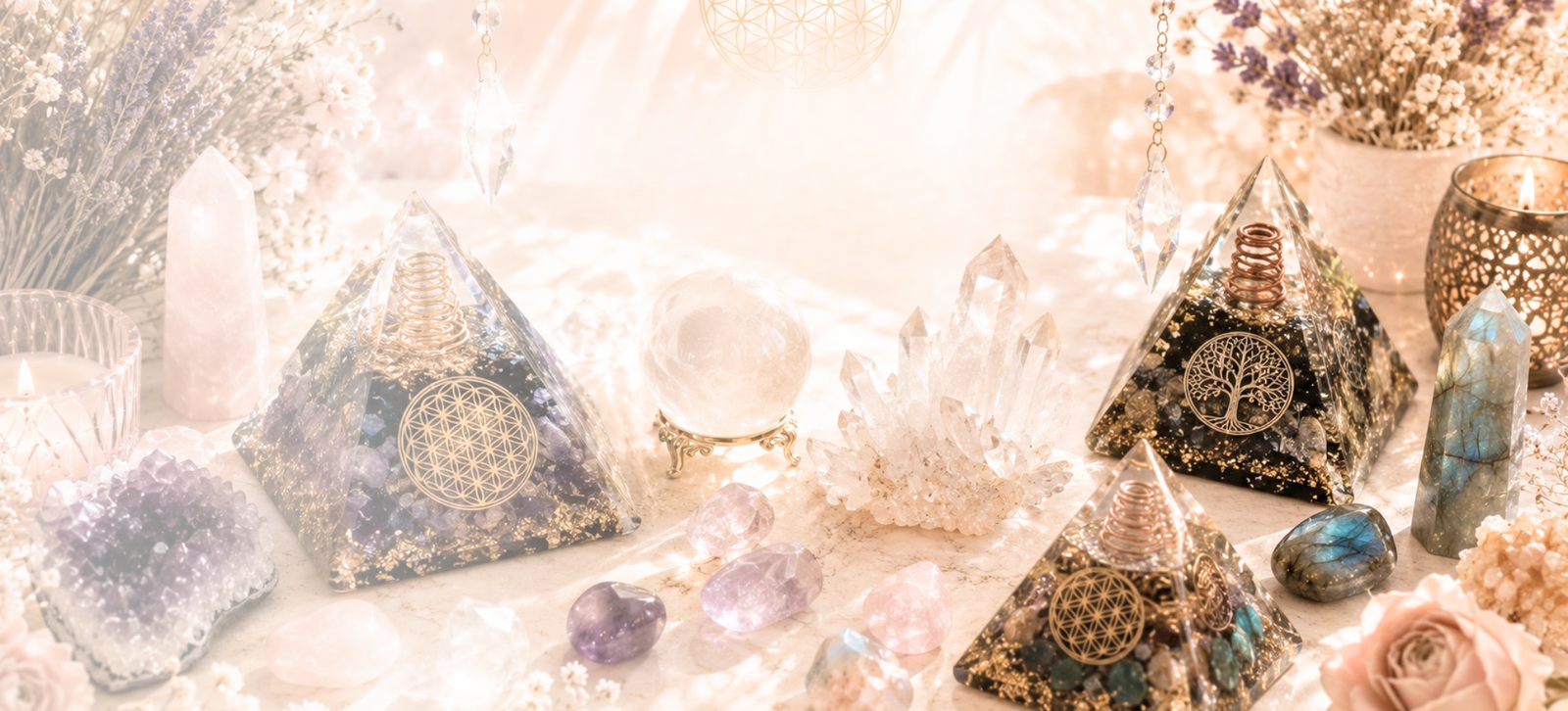 Orgonite pyramids and crystal energy pieces on soft linen