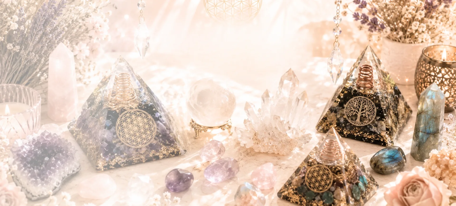 Orgonite pyramids and crystal energy pieces on soft linen