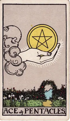 Ace of Pentacles in the classic 1909 Rider-Waite tarot deck