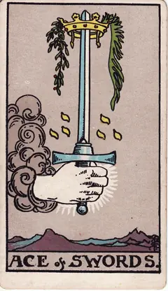 Ace of Swords in the classic 1909 Rider-Waite tarot deck