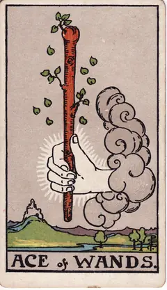 Ace of Wands in the classic 1909 Rider-Waite tarot deck
