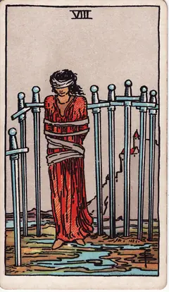 Eight of Swords in the classic 1909 Rider-Waite tarot deck
