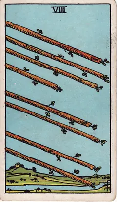 Eight of Wands in the classic 1909 Rider-Waite tarot deck