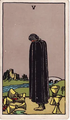 Five of Cups in the classic 1909 Rider-Waite tarot deck