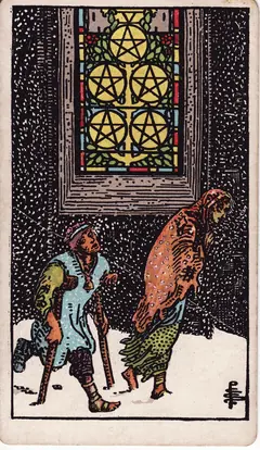 Five of Pentacles in the classic 1909 Rider-Waite tarot deck