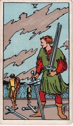 Five of Swords in the classic 1909 Rider-Waite tarot deck