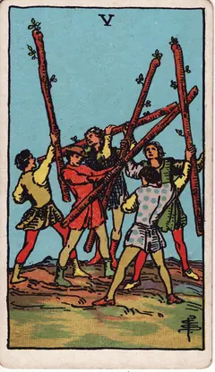 Five of Wands in the classic 1909 Rider-Waite tarot deck