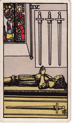 Four of Swords in the classic 1909 Rider-Waite tarot deck