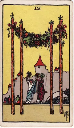 Four of Wands in the classic 1909 Rider-Waite tarot deck