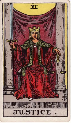 Justice in the classic 1909 Rider-Waite tarot deck