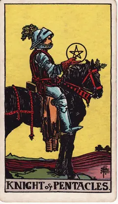 Knight of Pentacles in the classic 1909 Rider-Waite tarot deck