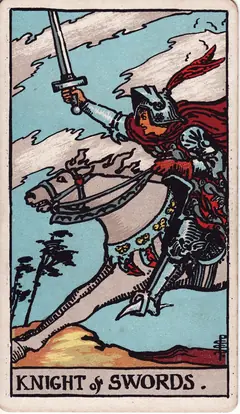Knight of Swords in the classic 1909 Rider-Waite tarot deck