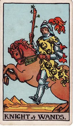 Knight of Wands in the classic 1909 Rider-Waite tarot deck