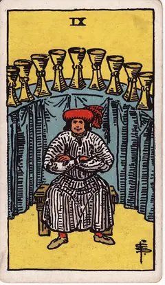 Nine of Cups in the classic 1909 Rider-Waite tarot deck