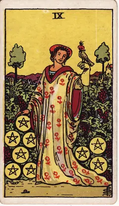 Nine of Pentacles in the classic 1909 Rider-Waite tarot deck