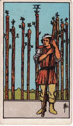 Nine of Wands in the classic 1909 Rider-Waite tarot deck