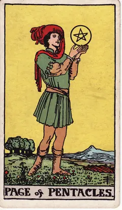 Page of Pentacles in the classic 1909 Rider-Waite tarot deck