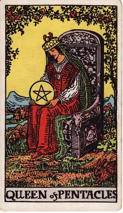 Queen of Pentacles in the classic 1909 Rider-Waite tarot deck