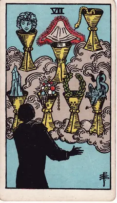 Seven of Cups in the classic 1909 Rider-Waite tarot deck