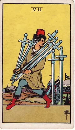 Seven of Swords in the classic 1909 Rider-Waite tarot deck