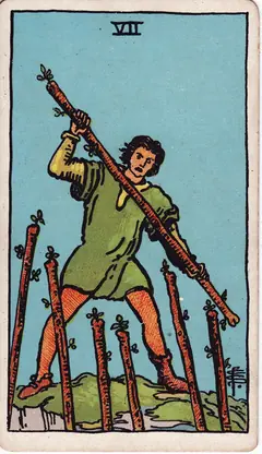 Seven of Wands in the classic 1909 Rider-Waite tarot deck