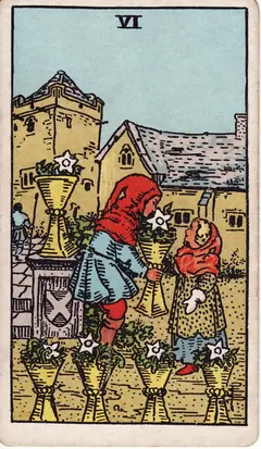 Six of Cups in the classic 1909 Rider-Waite tarot deck