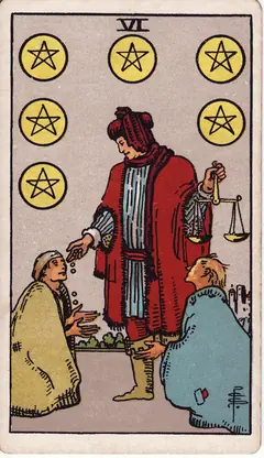 Six of Pentacles in the classic 1909 Rider-Waite tarot deck