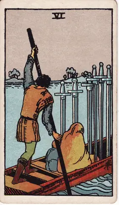 Six of Swords in the classic 1909 Rider-Waite tarot deck