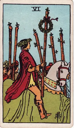 Six of Wands in the classic 1909 Rider-Waite tarot deck