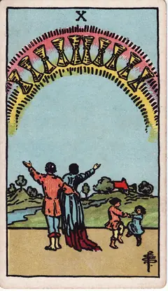 Ten of Cups in the classic 1909 Rider-Waite tarot deck