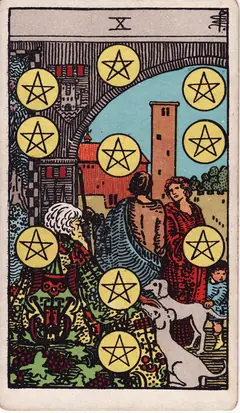 Ten of Pentacles in the classic 1909 Rider-Waite tarot deck