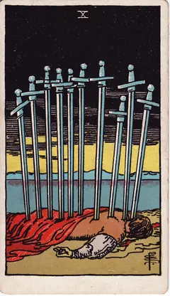 Ten of Swords in the classic 1909 Rider-Waite tarot deck