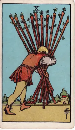 Ten of Wands in the classic 1909 Rider-Waite tarot deck