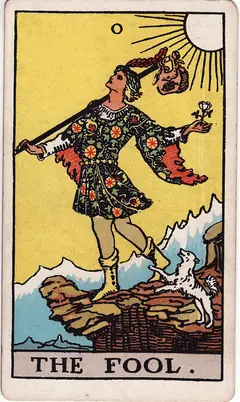 The Fool in the classic 1909 Rider-Waite tarot deck