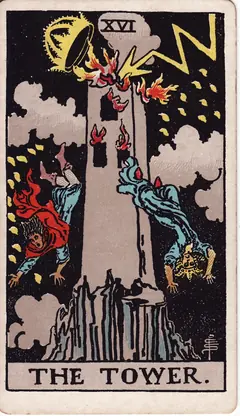 The Tower in the classic 1909 Rider-Waite tarot deck
