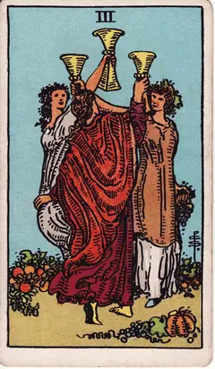 Three of Cups in the classic 1909 Rider-Waite tarot deck