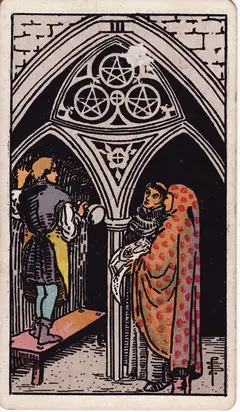 Three of Pentacles in the classic 1909 Rider-Waite tarot deck