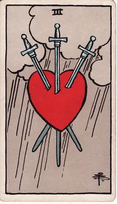 Three of Swords in the classic 1909 Rider-Waite tarot deck