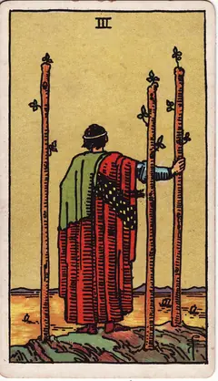 Three of Wands in the classic 1909 Rider-Waite tarot deck