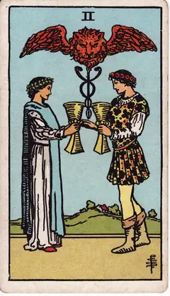 Two of Cups in the classic 1909 Rider-Waite tarot deck