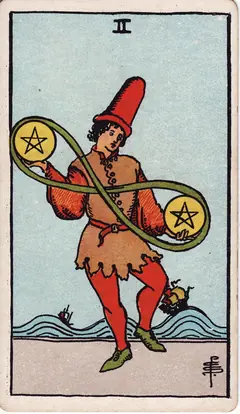 Two of Pentacles in the classic 1909 Rider-Waite tarot deck