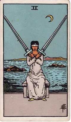 Two of Swords in the classic 1909 Rider-Waite tarot deck