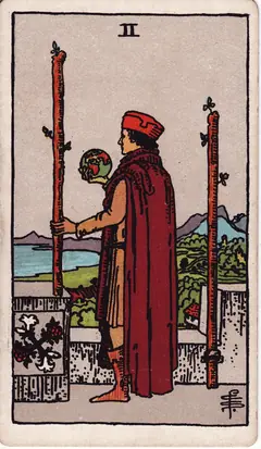 Two of Wands in the classic 1909 Rider-Waite tarot deck