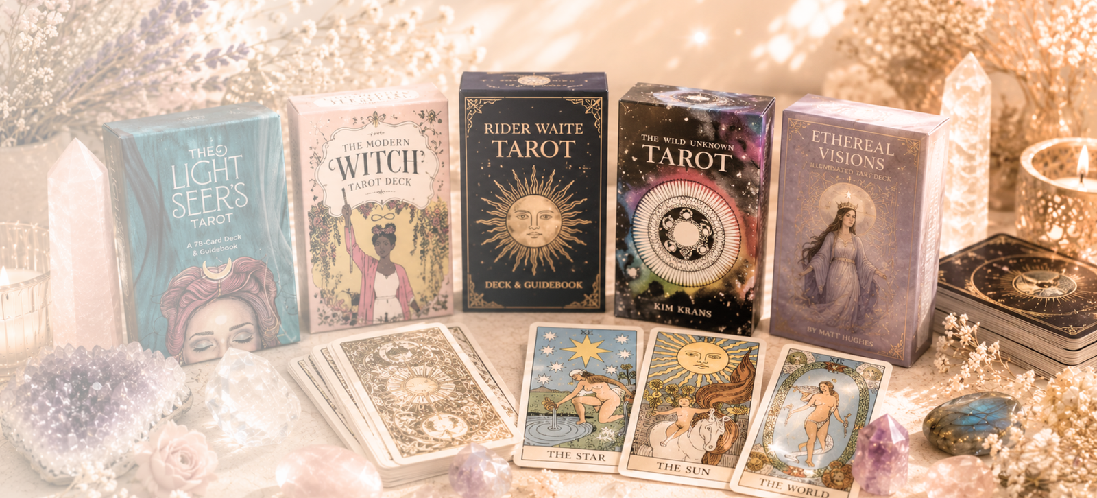 Tarot decks — a library of decks fanned on soft linen