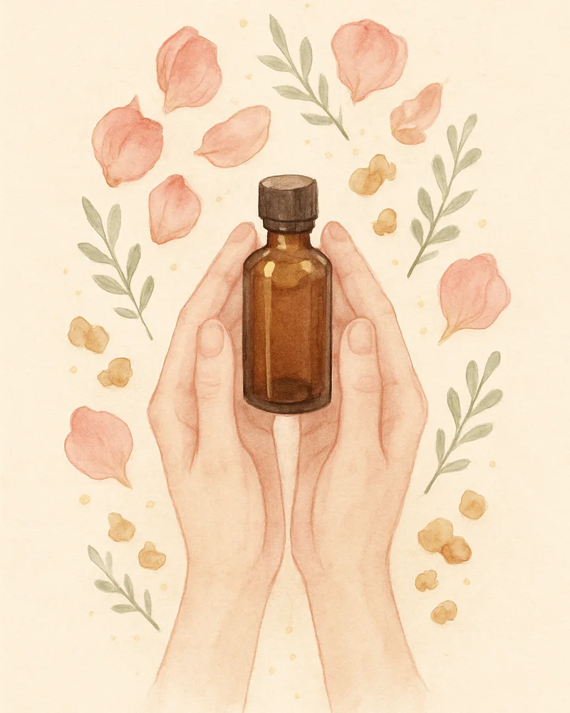 Amber bottle of botanical oil held in two hands, surrounded by rose petals and herbs